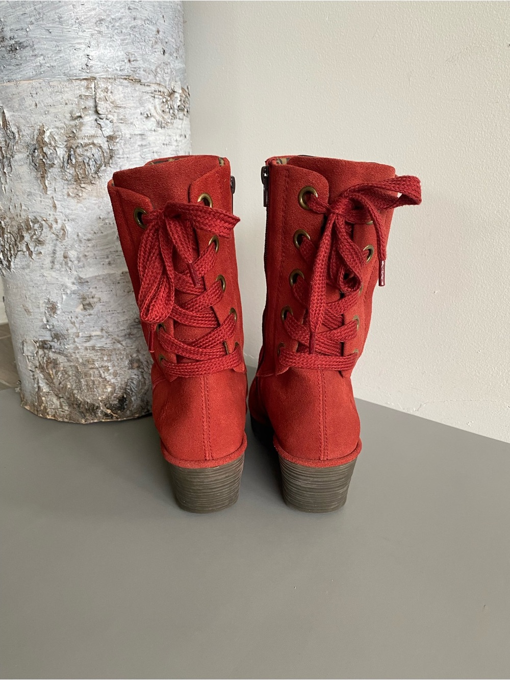 Fly London Yada Red Suede Wedge Mid Calf Boots Lace Up Back Sz 39/ 8.5 - Picture 7 of 14
